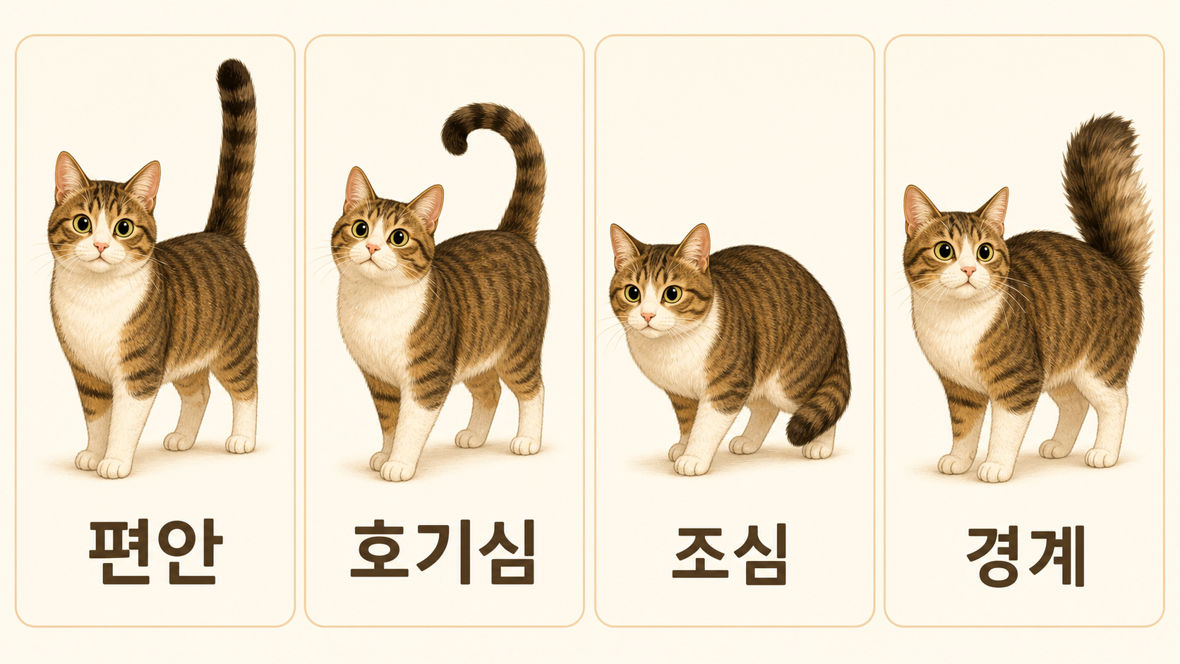 고양이 꼬리 자세 네 가지와 편안·호기심·조심·경계 신호를 비교한 정보 그림