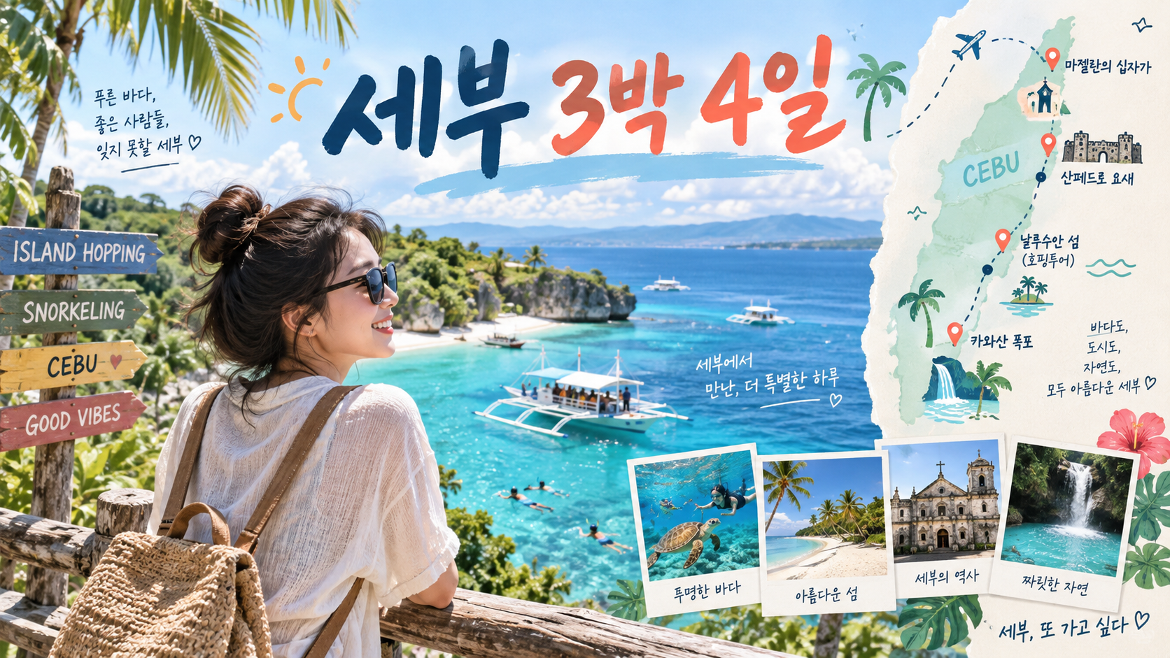 세부 바다와 섬 호핑 지도를 담은 3박 4일 여행 정보카드