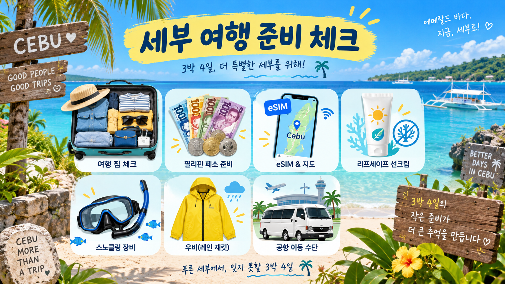 세부 여행 준비물과 eSIM, 환전, 이동을 정리한 정보카드