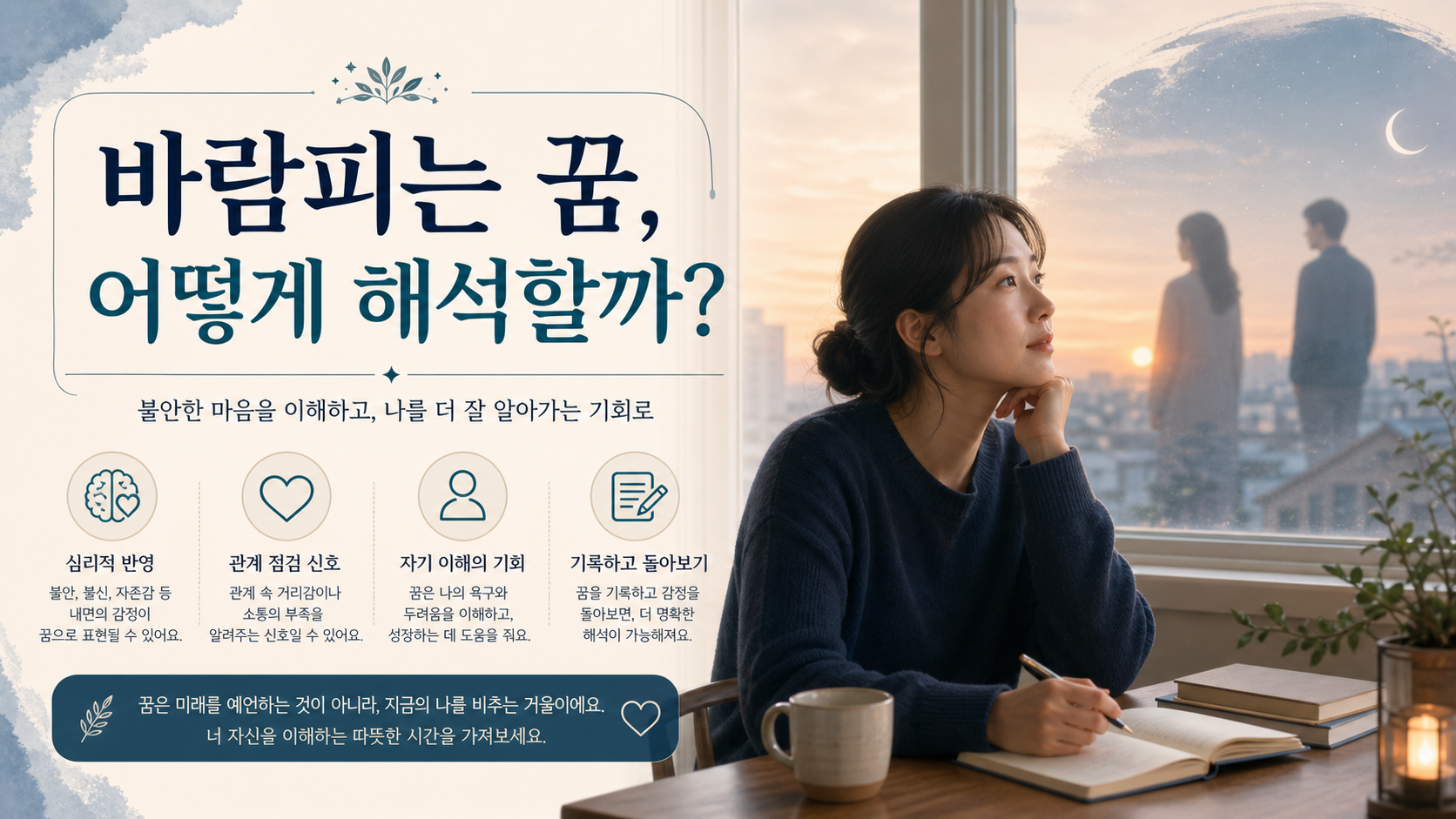 창가에서 꿈 기록장을 보며 생각하는 사람을 표현한 바람피는 꿈 해몽 정보 카드