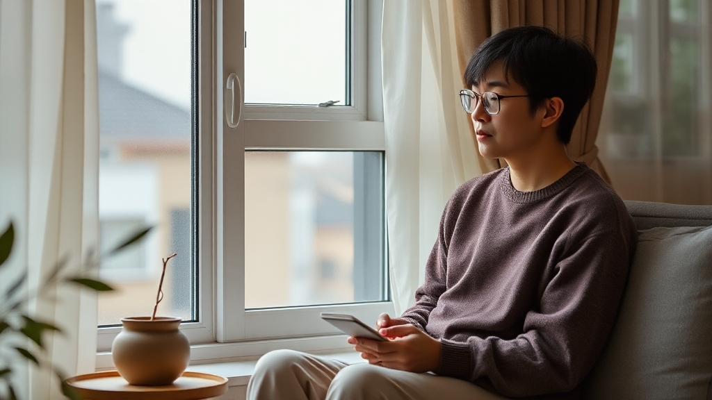 이른 아침 창가에서 꿈을 떠올리며 차분히 생각하는 사람