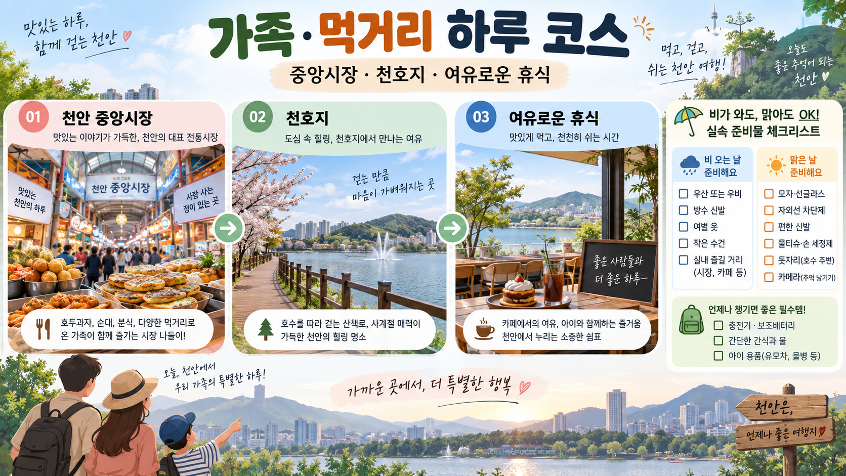 천안중앙시장과 천호지를 포함한 가족 먹거리 하루 코스 정보카드