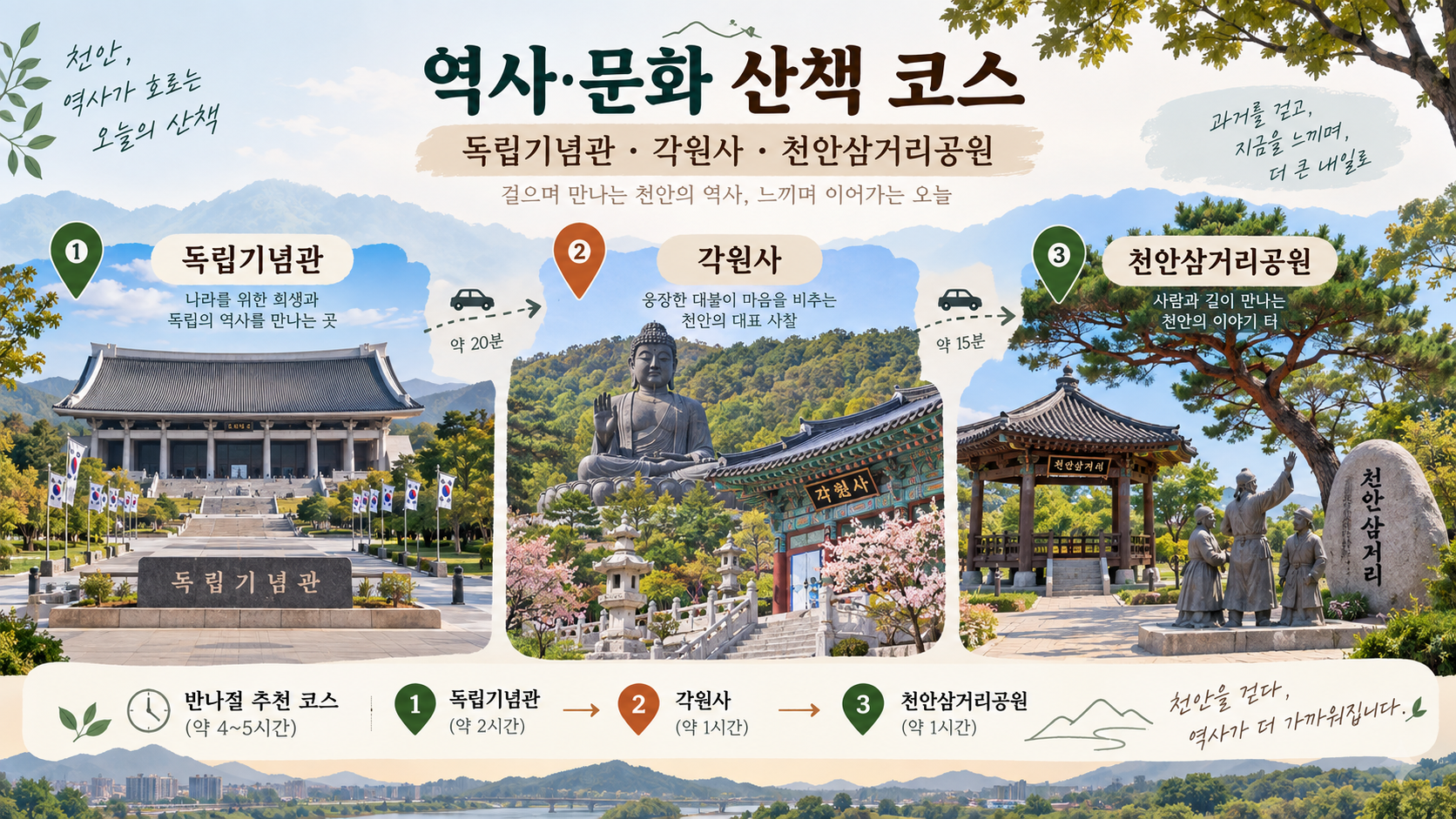 독립기념관 각원사 천안삼거리공원을 잇는 역사 문화 산책 코스 정보카드