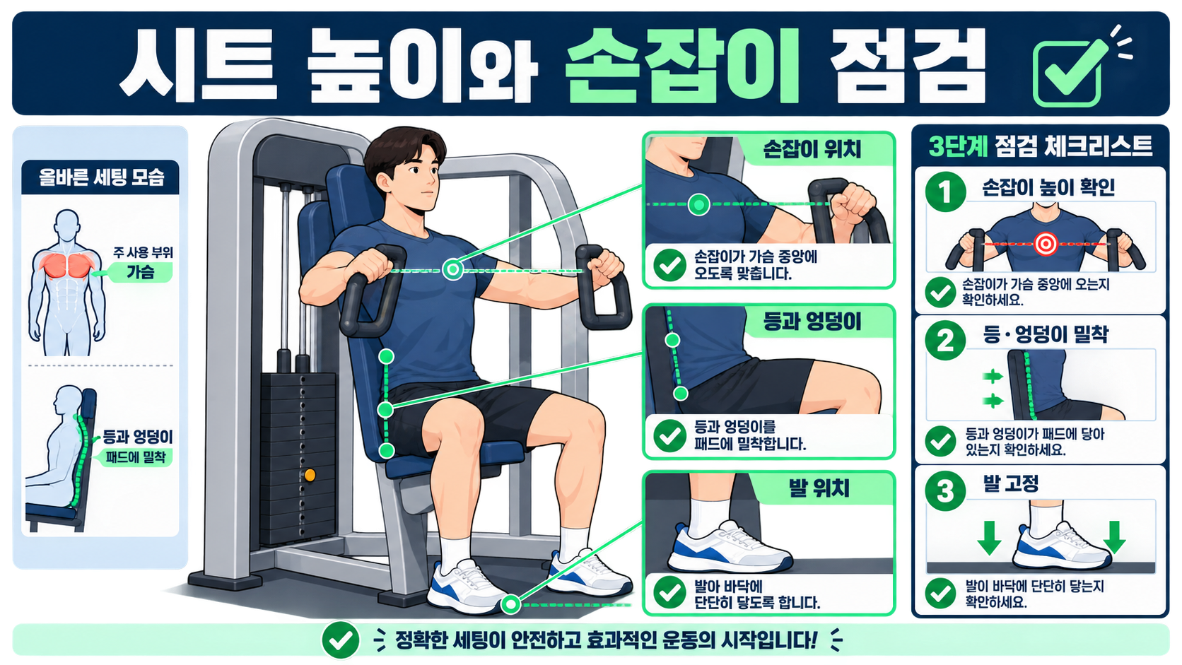 체스트프레스 머신 시트 높이와 손잡이 위치 점검 정보카드
