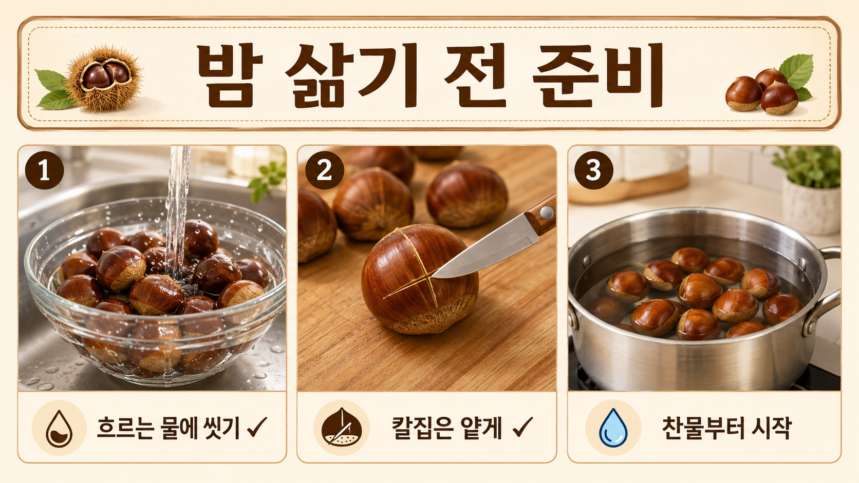밤 삶기 전 세척과 칼집, 찬물 시작 순서를 정리한 정보카드