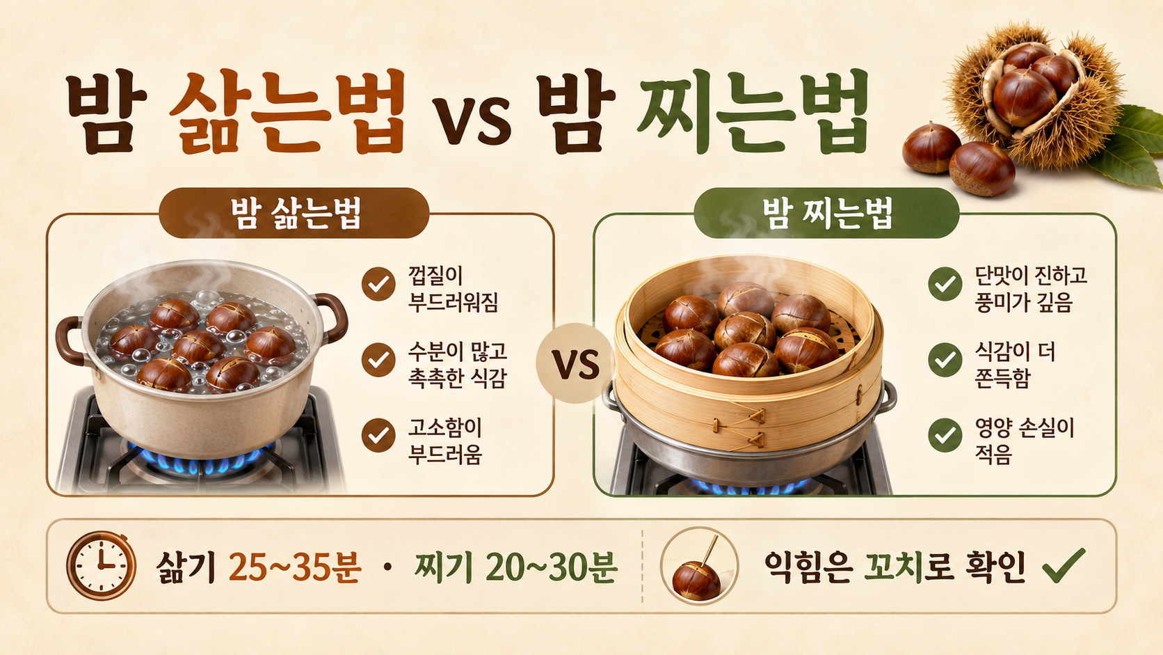 밤 삶는법과 밤 찌는법의 시간과 차이를 비교한 정보카드