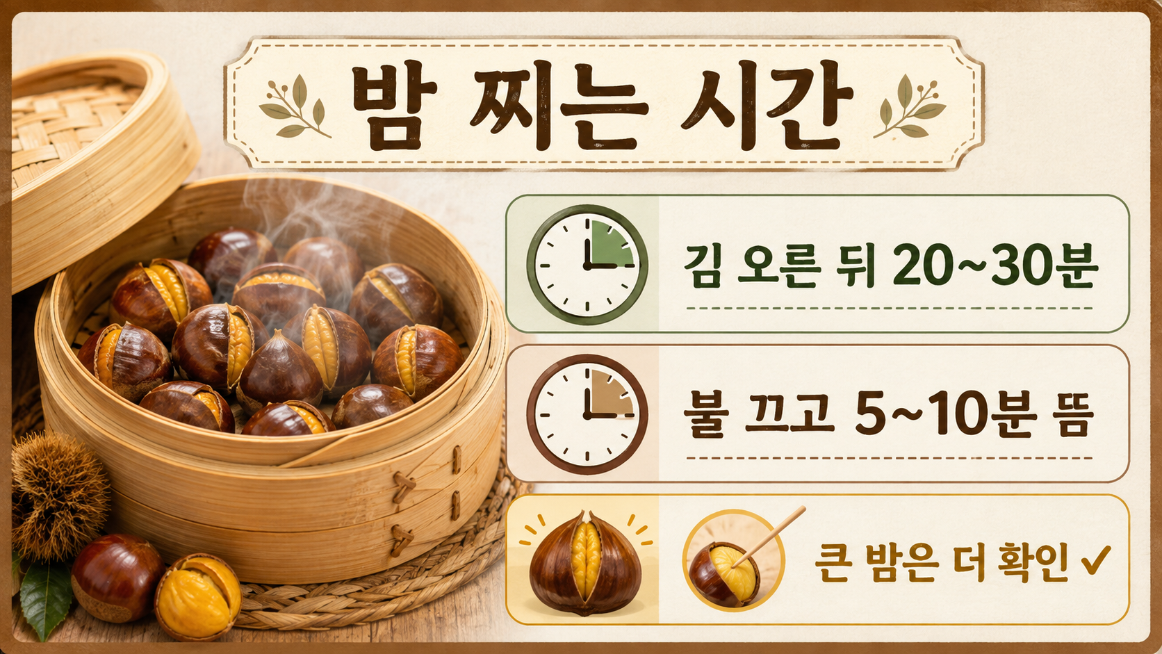 밤 찌는 시간과 뜸 들이는 시간을 정리한 정보카드