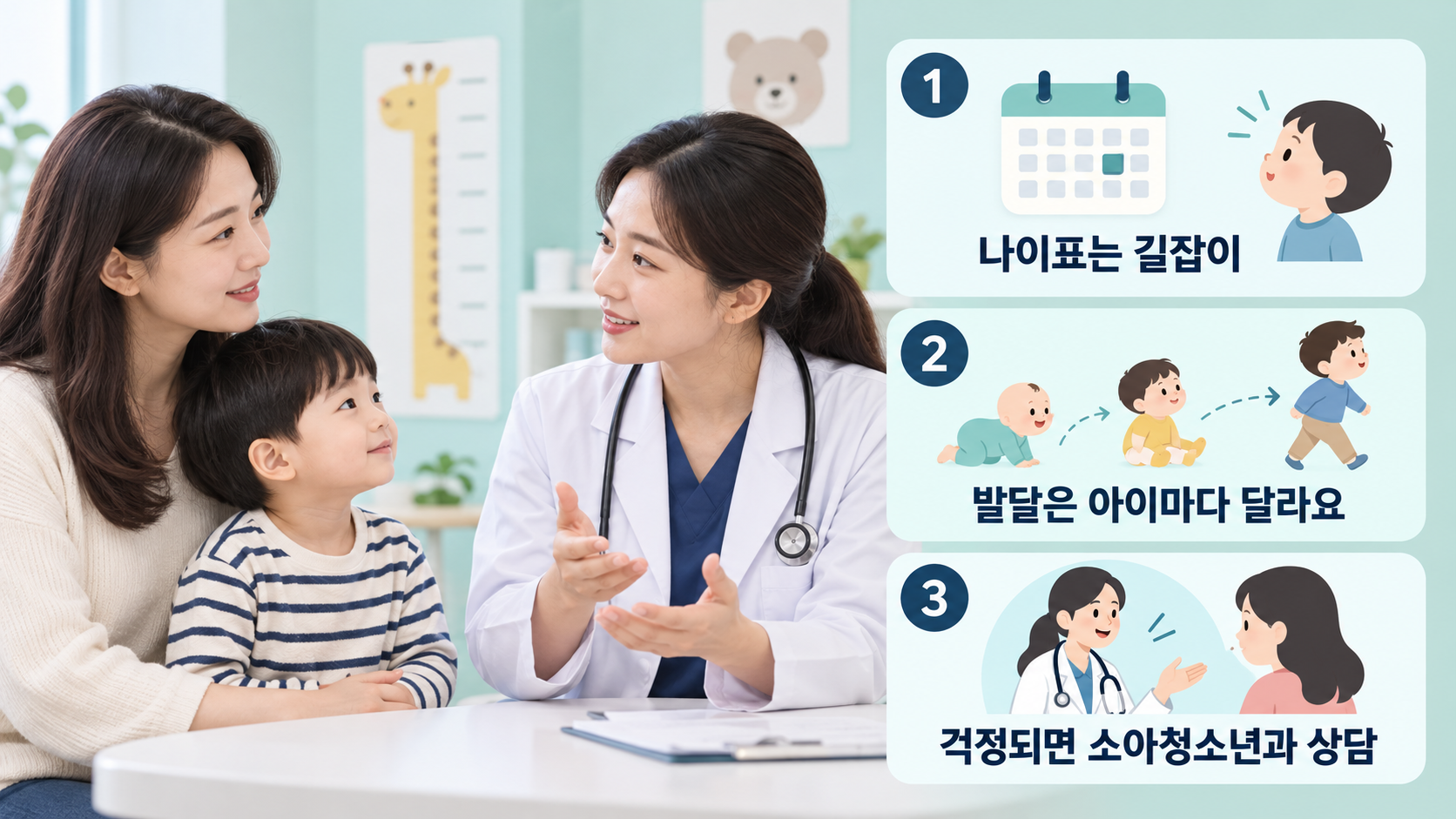 보호자와 아이가 소아청소년과 의료진에게 상담하는 정보 카드