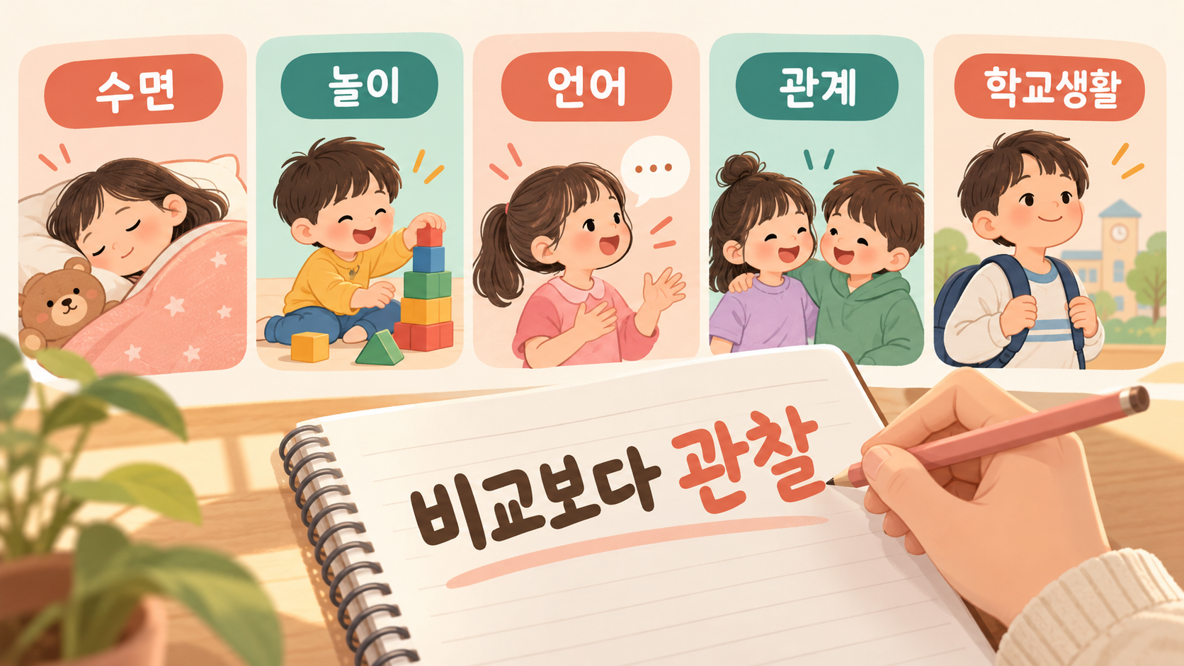 수면 놀이 언어 관계 학교생활 관찰 항목을 담은 정보 카드