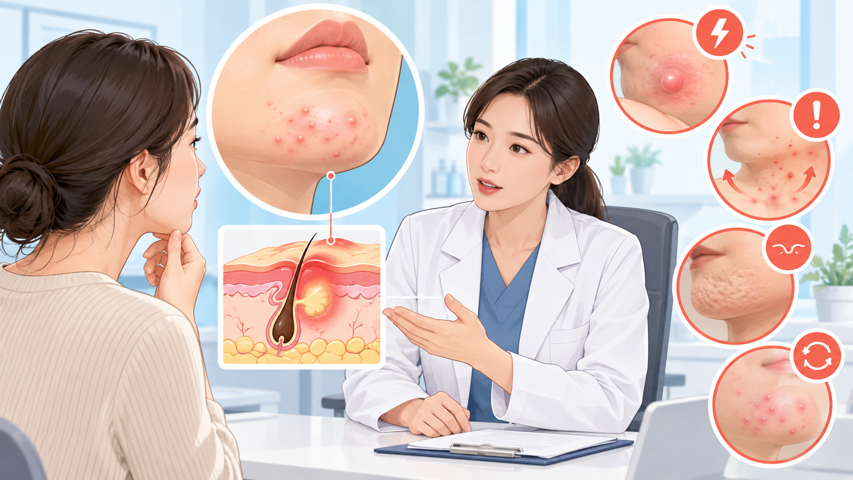 턱밑 여드름이 악화되어 피부과 전문 상담을 받는 장면과 피부 단면 정보 그림