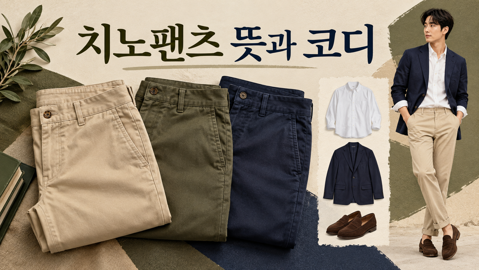 베이지 올리브 네이비 치노팬츠와 재킷 코디 정보카드