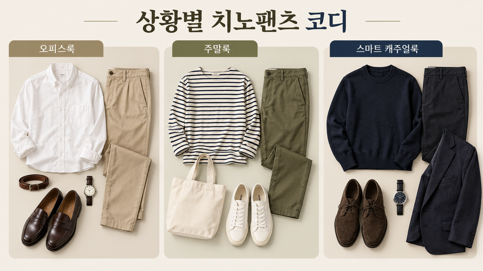 상황별 치노팬츠 코디 정보카드