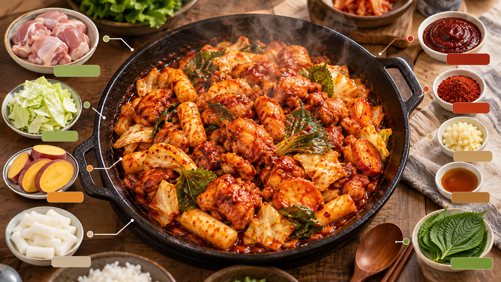 철판 위에 완성한 춘천식 매운 닭갈비와 재료 정보카드