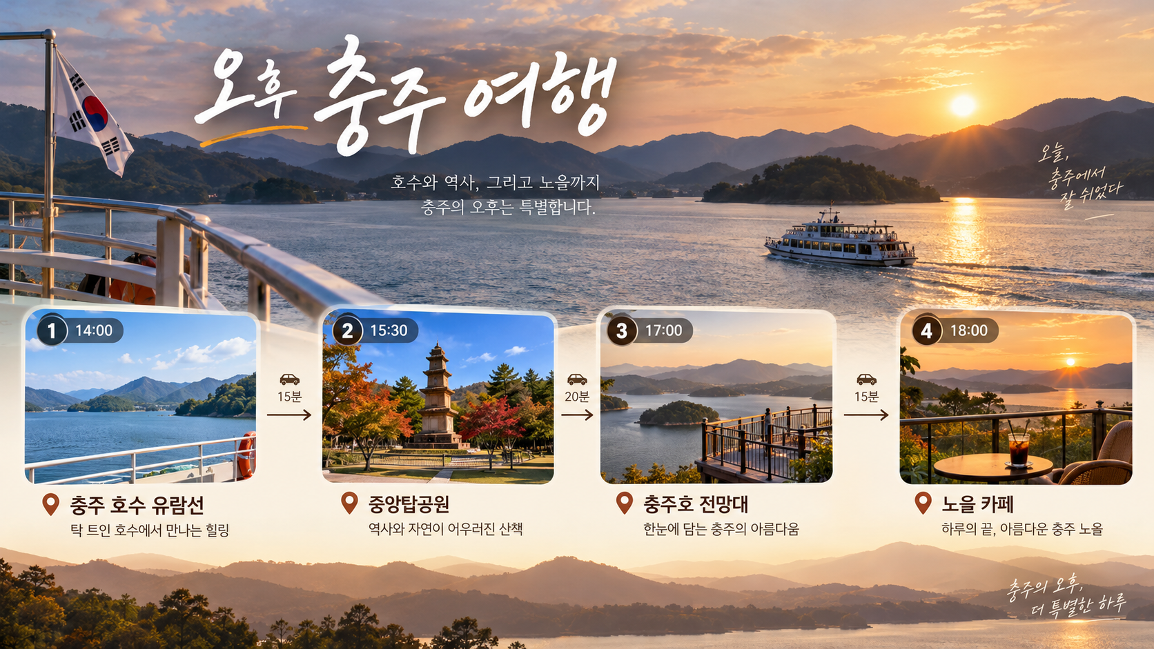 충주호 유람선과 중앙탑공원, 노을 카페를 잇는 오후 여행 정보카드