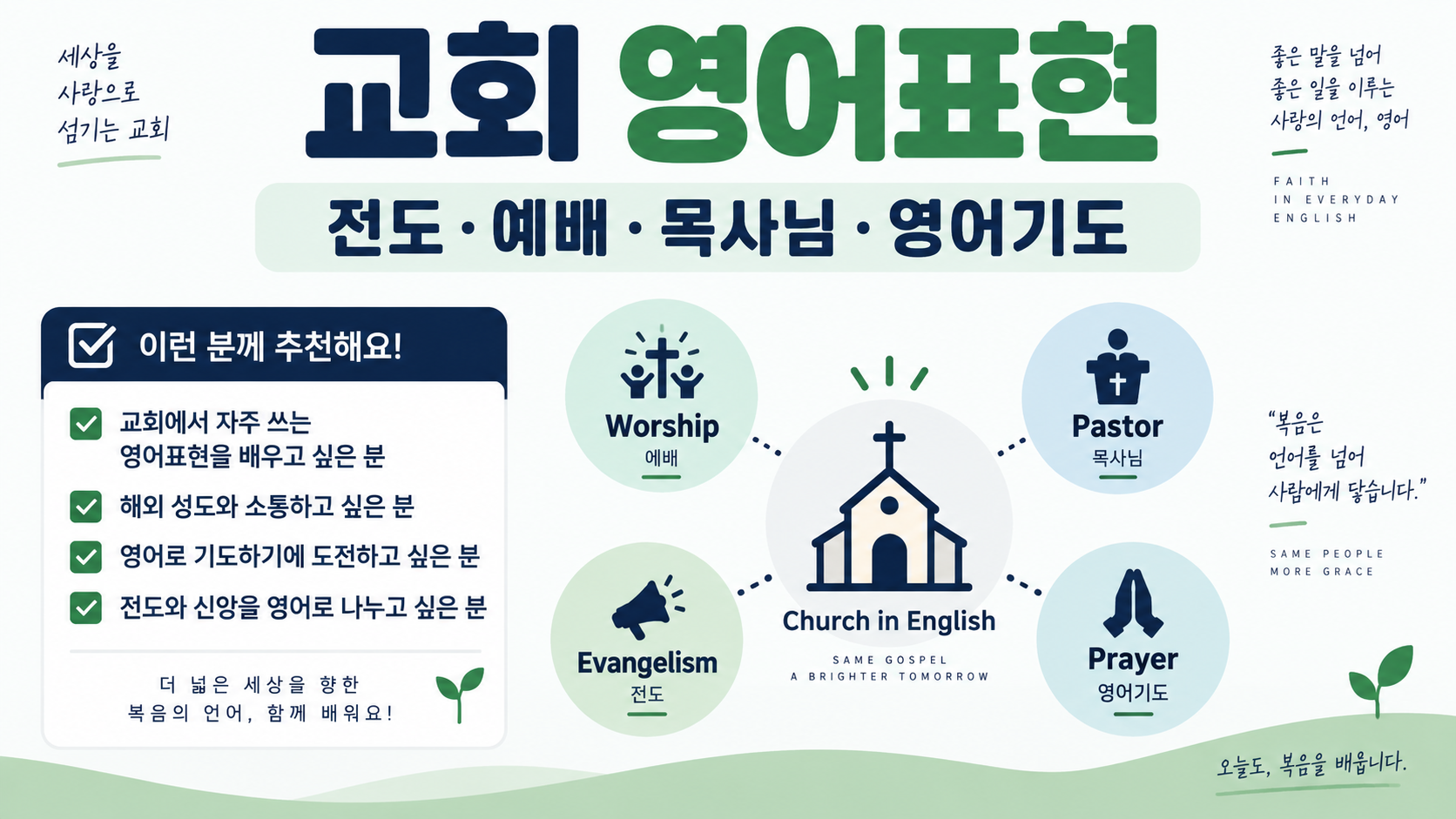 교회 영어표현과 전도 예배 목사님 영어기도를 정리한 정보카드