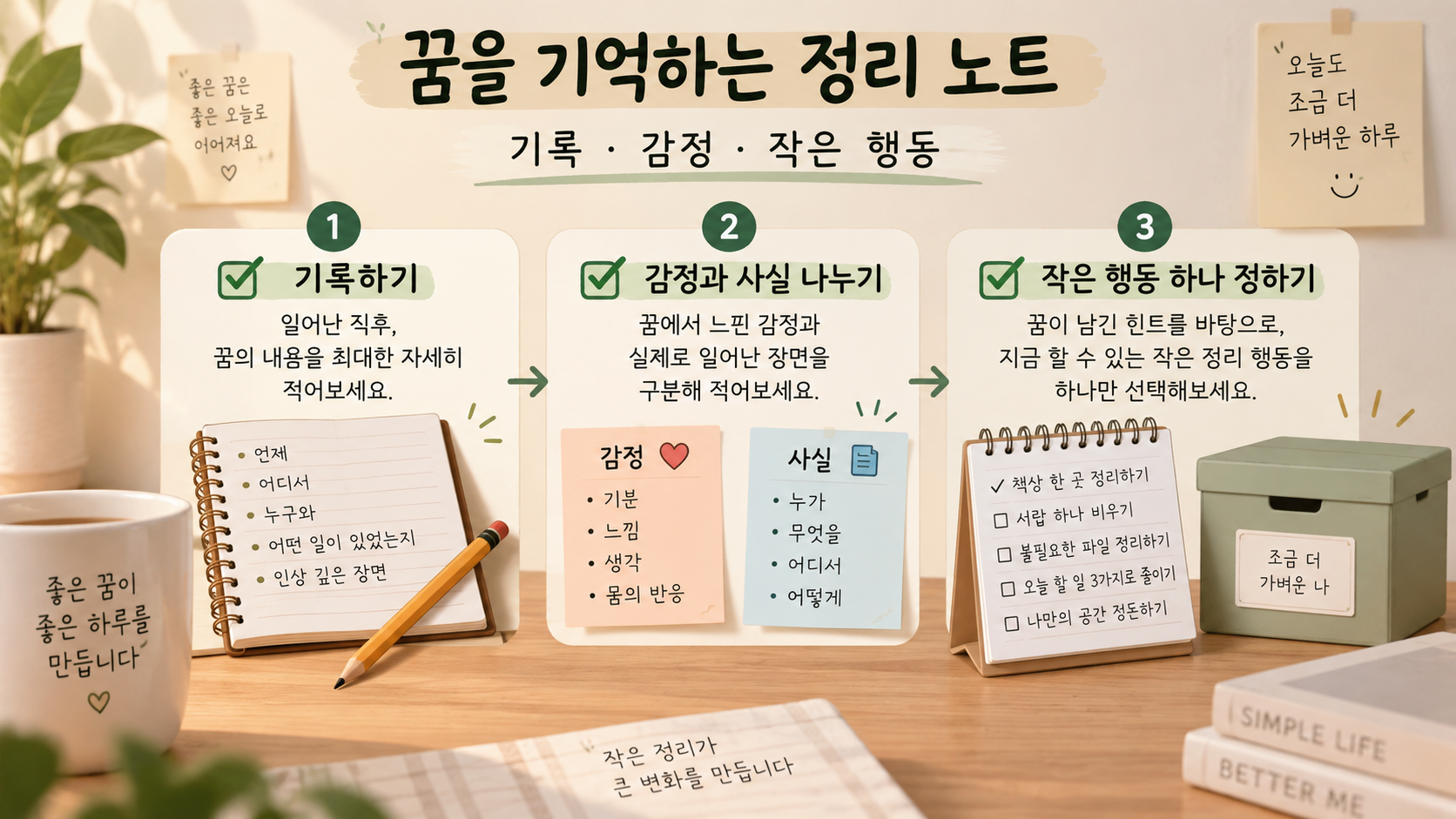 꿈을 기록하고 감정을 정리한 뒤 작은 행동을 고르는 정보 카드