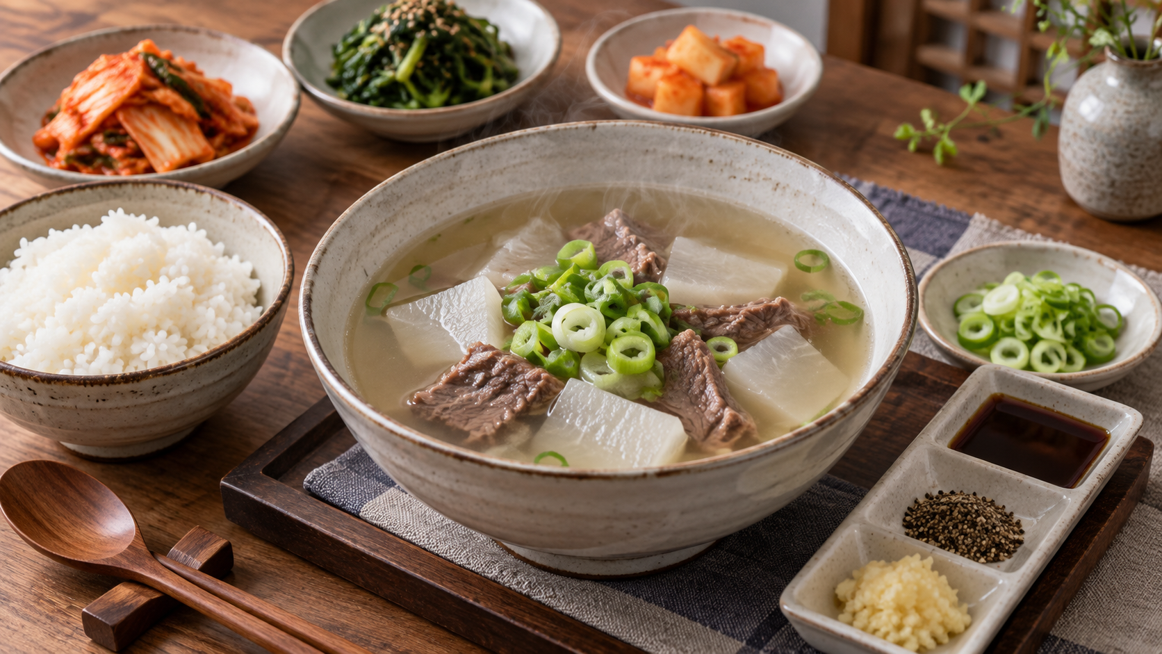밥과 곁들여 차린 맑은 소고기무국과 국간장, 후추, 다진 마늘 정보카드