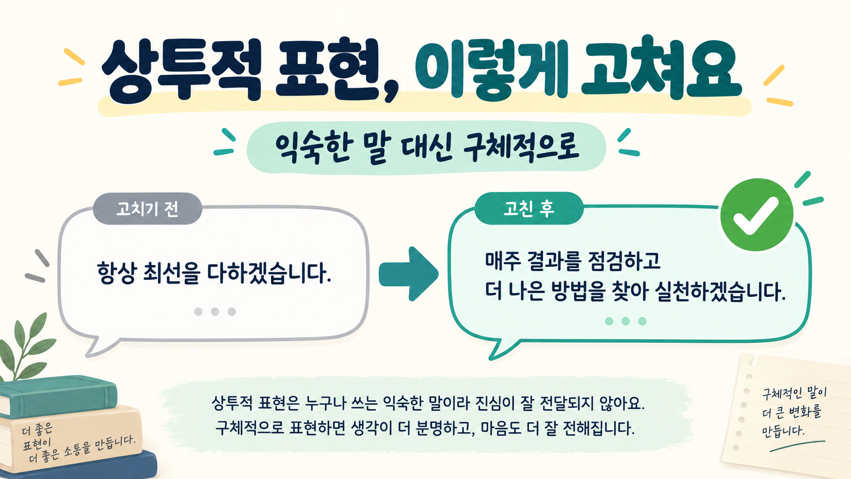 상투적 표현을 구체적으로 바꾸는 방법을 안내하는 한국어 정보카드