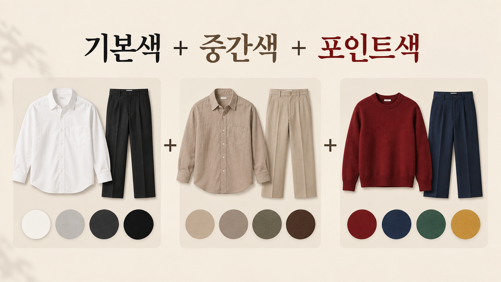 기본색과 중간색, 포인트색을 순서대로 조합하는 옷 색깔 정보카드