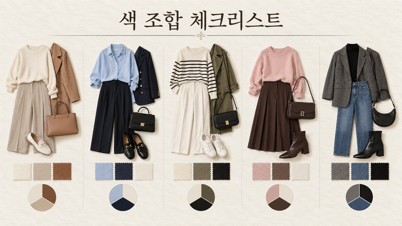 다섯 가지 상하의 색조합과 색 조합 체크리스트를 보여 주는 정보카드