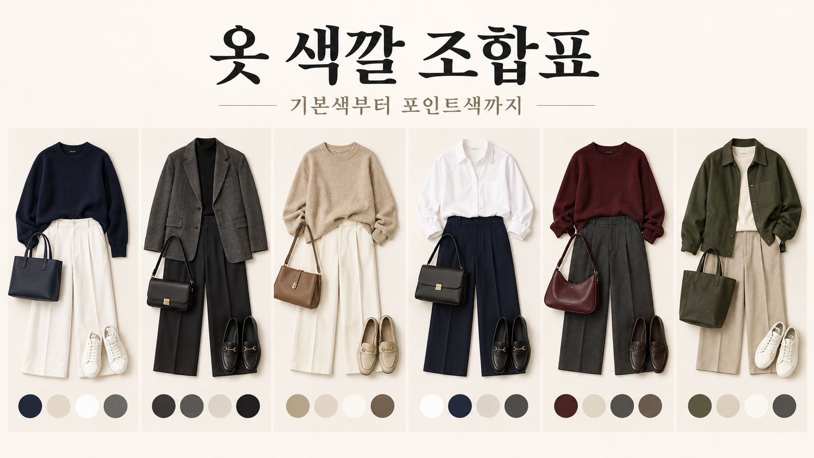 옷 색깔 조합표와 네이비, 차콜, 베이지, 화이트, 버건디 색상 조합을 보여 주는 정보카드