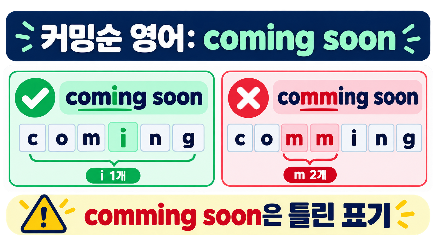 coming soon과 comming soon의 철자 차이를 비교한 정보 카드