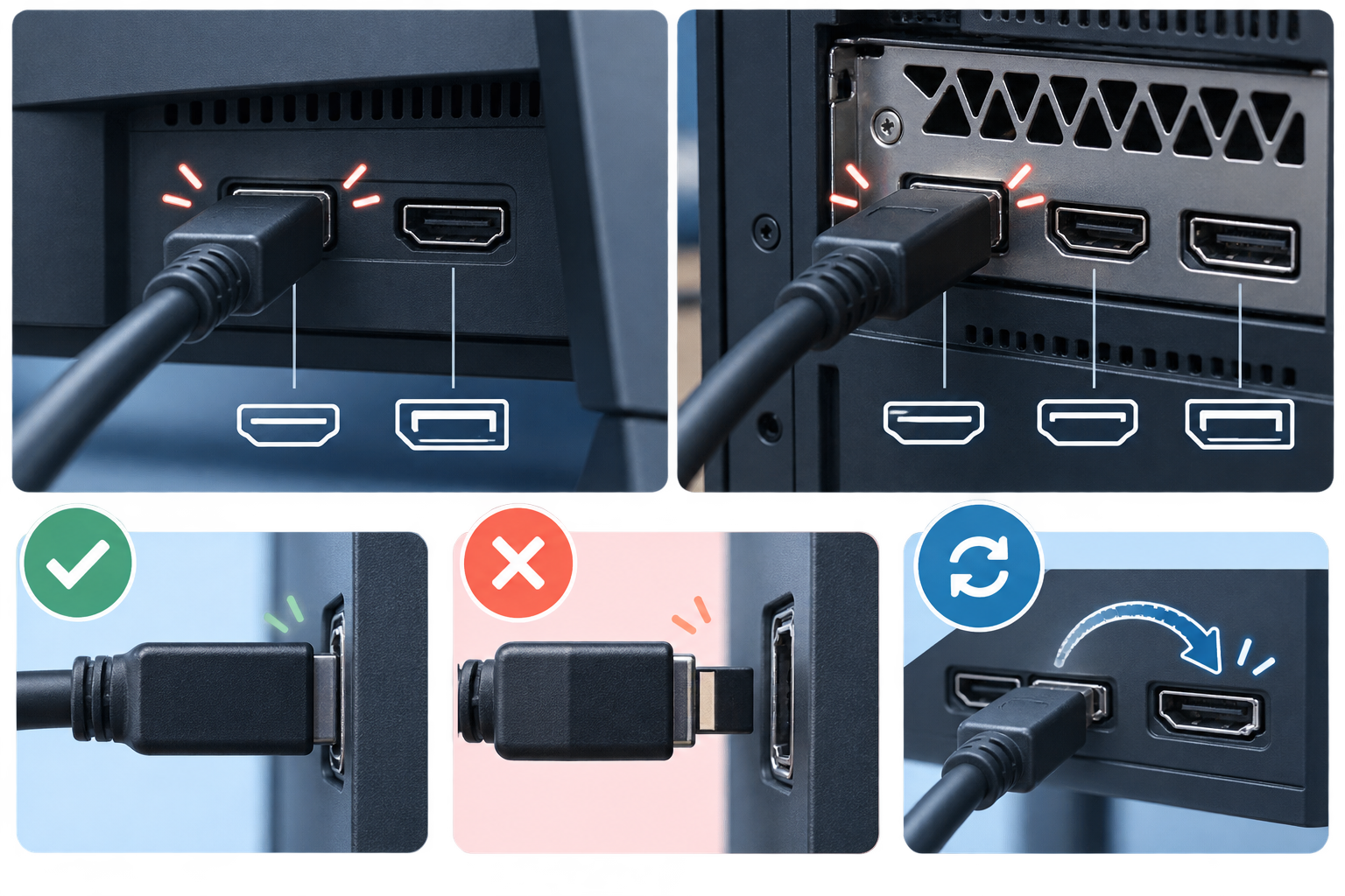 HDMI와 DisplayPort 케이블을 단단히 연결하고 포트를 바꾸는 점검 정보카드