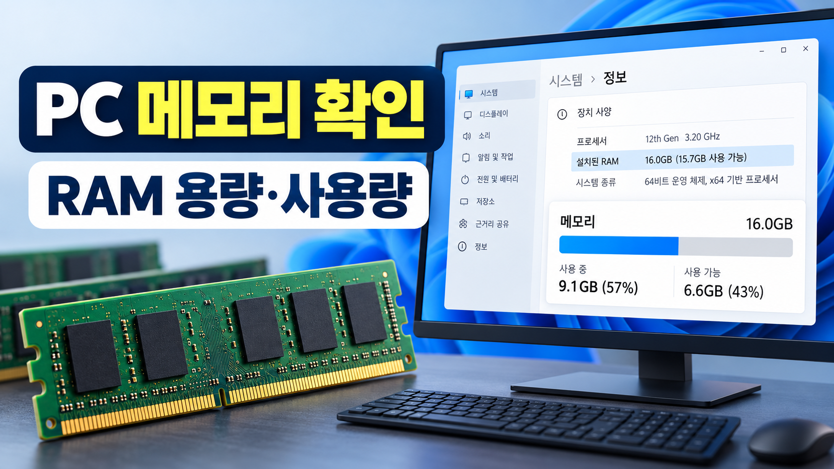 PC 메모리 확인과 RAM 용량 사용량을 설명하는 정보카드