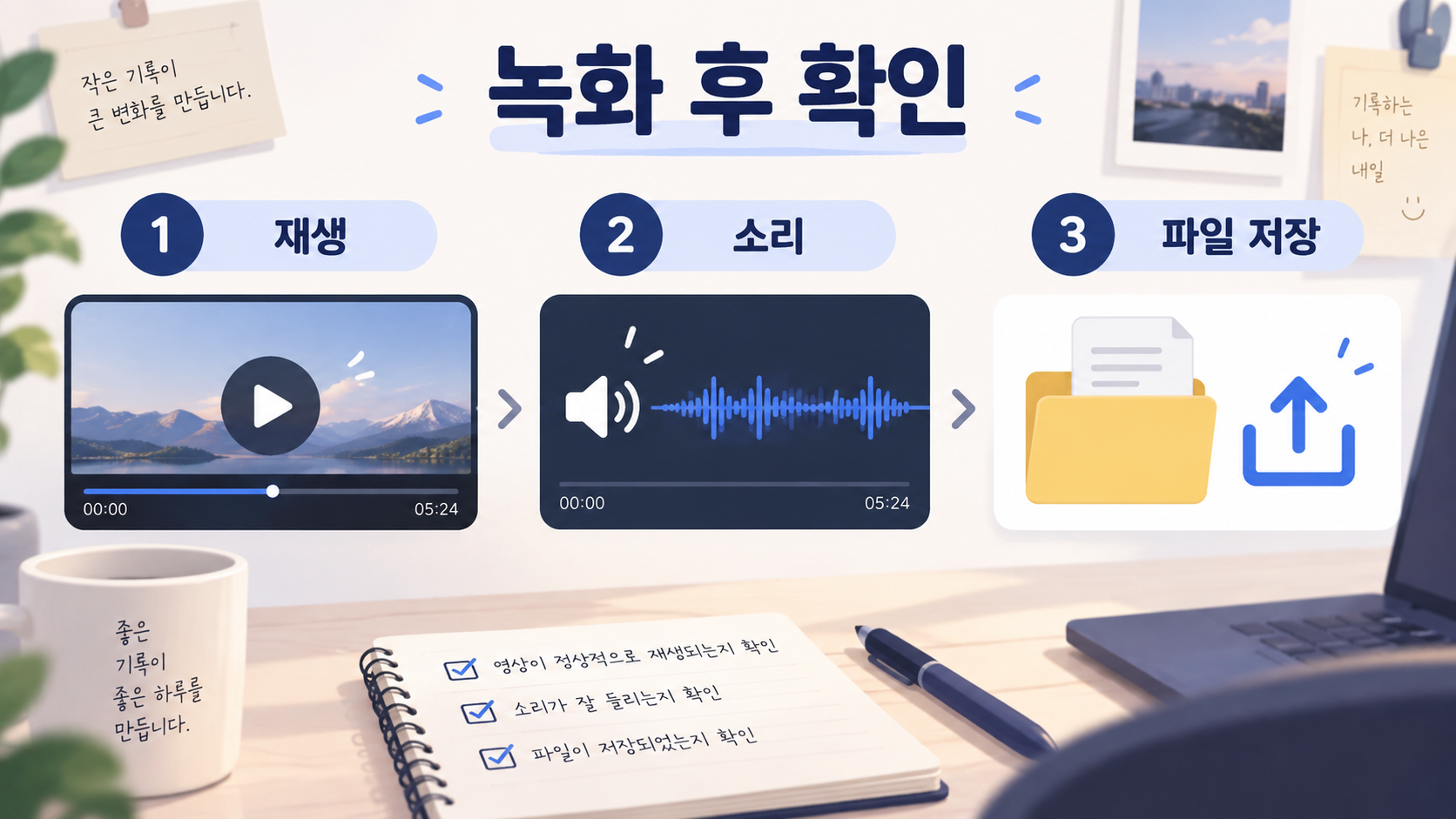 녹화 후 재생, 소리, 파일 저장을 차례로 확인하는 한국어 정보카드