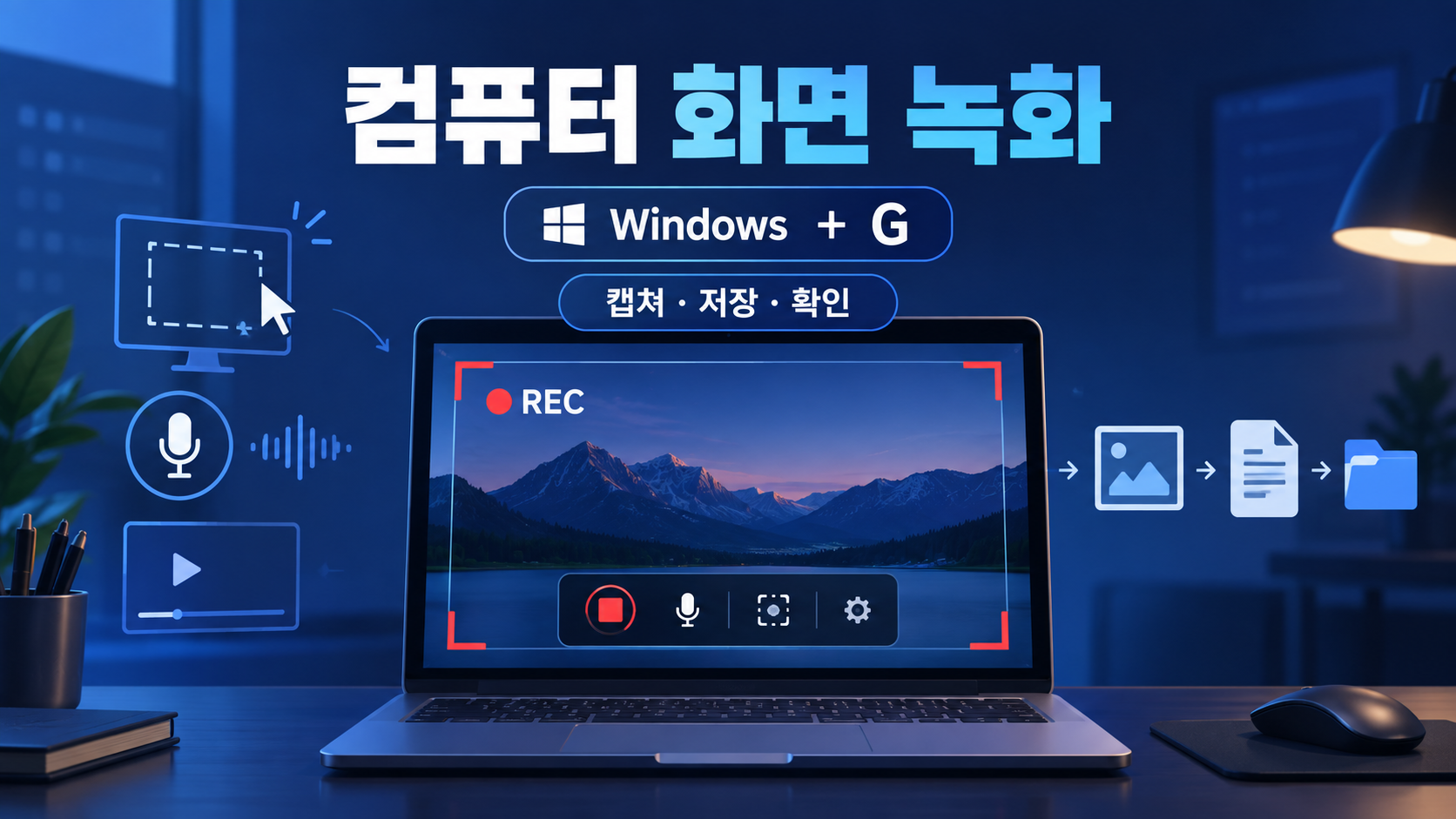 컴퓨터 화면 녹화 단축키와 캡처 저장 확인을 담은 한국어 정보카드