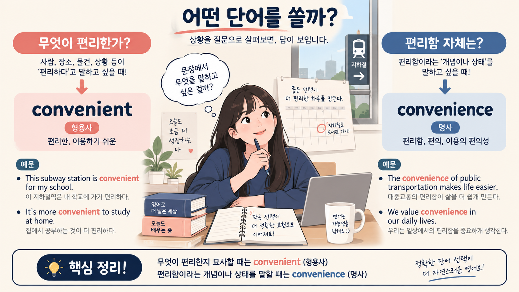 convenient와 convenience 선택 질문을 보여 주는 한국어 정보카드