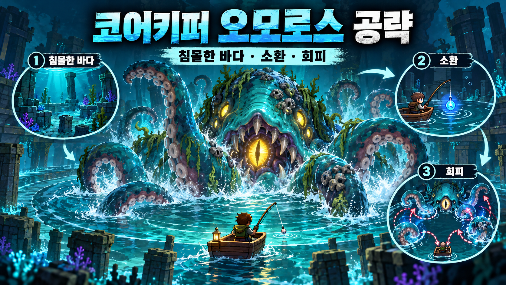 침몰한 바다에서 오모로스와 배를 보여 주는 코어키퍼 공략 정보카드