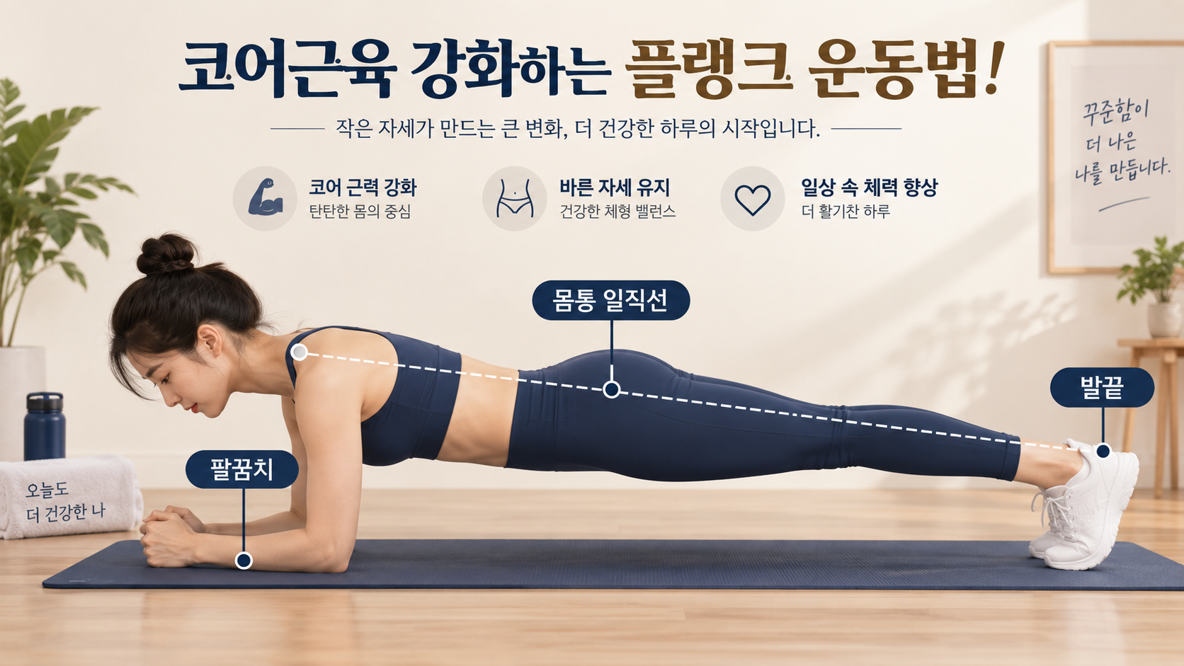 팔꿈치와 몸통 일직선, 발끝 위치를 표시한 플랭크 자세 카드