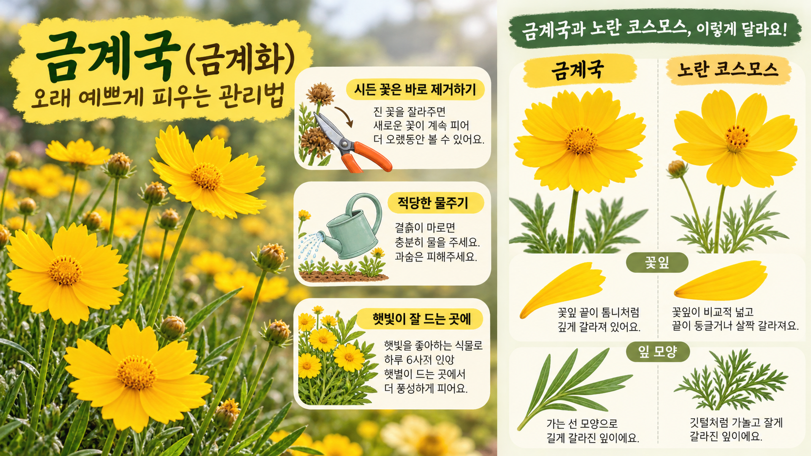 금계국 관리와 노란 코스모스 구별 정보카드