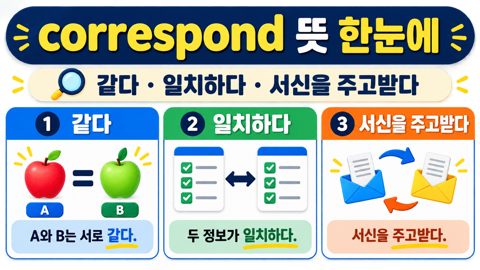 correspond의 여러 뜻을 정리한 한국어 정보카드