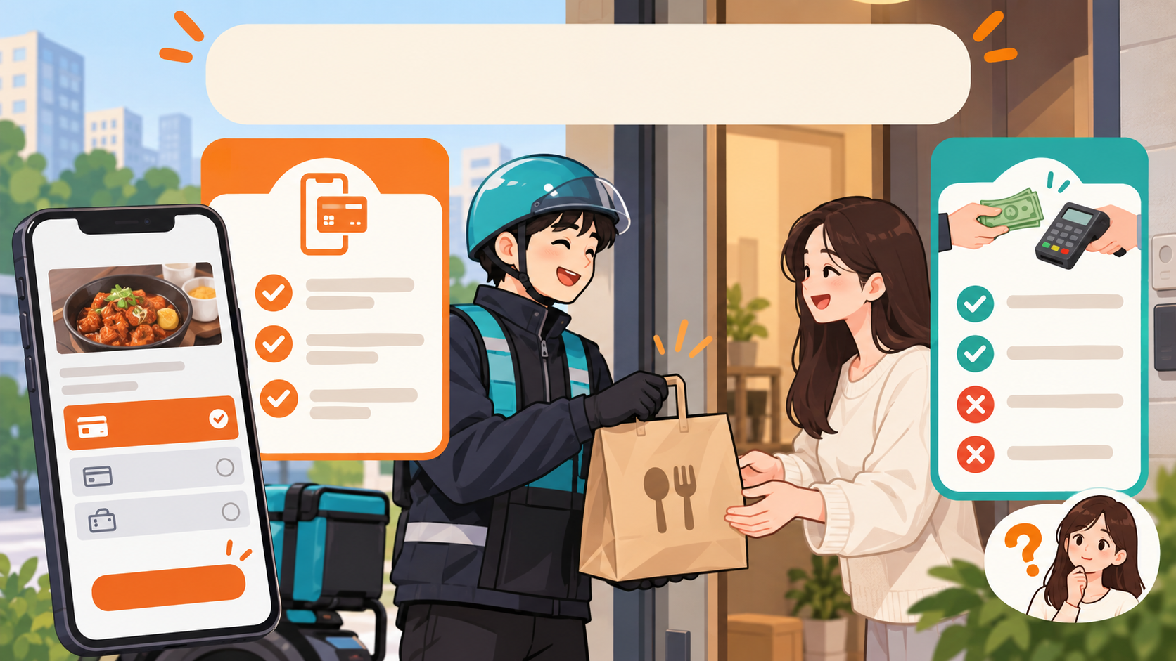 배달원과 고객, 앱 결제와 현장 결제를 비교하는 안내 카드