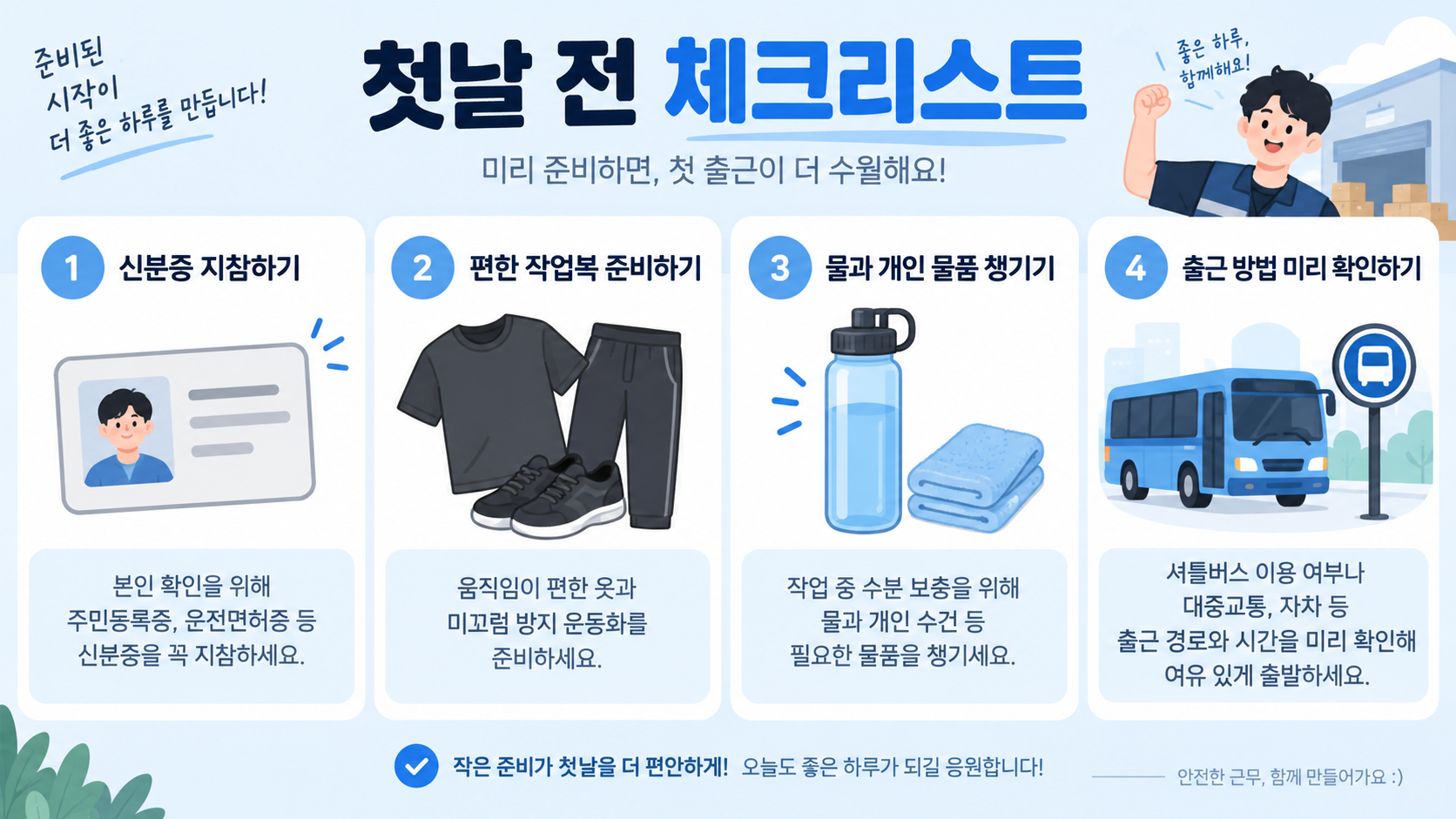 첫 출근 전 신분증과 복장, 물, 이동을 확인하는 정보카드
