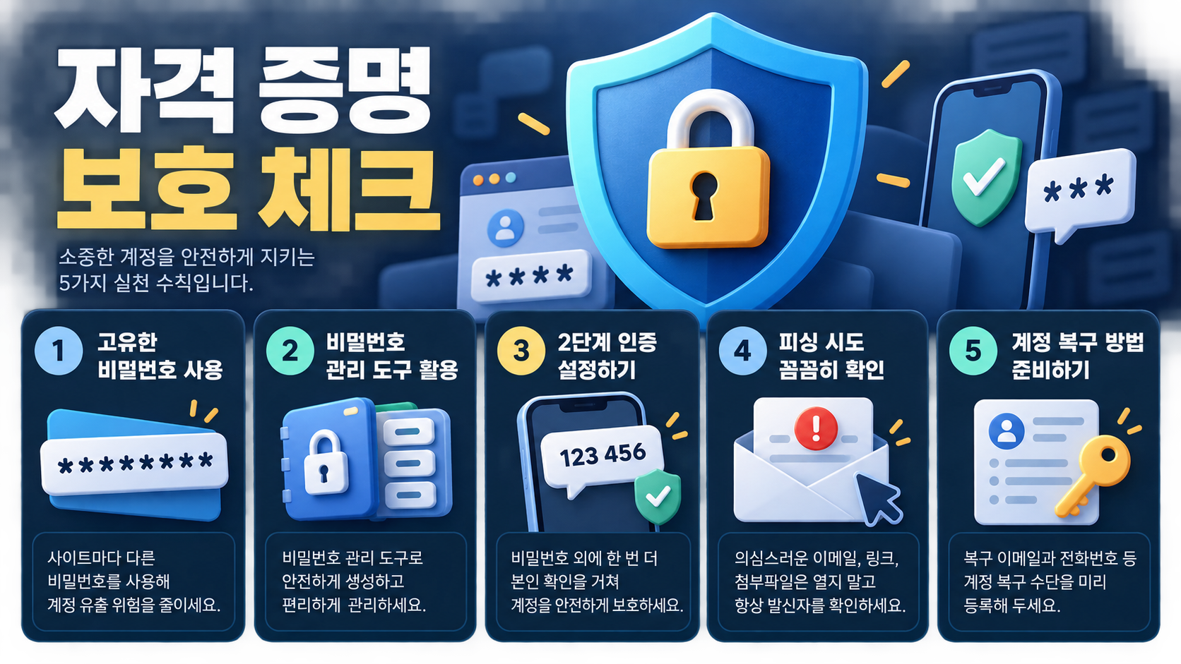 고유 비밀번호와 이중 인증, 피싱 확인을 담은 자격 증명 보호 체크리스트