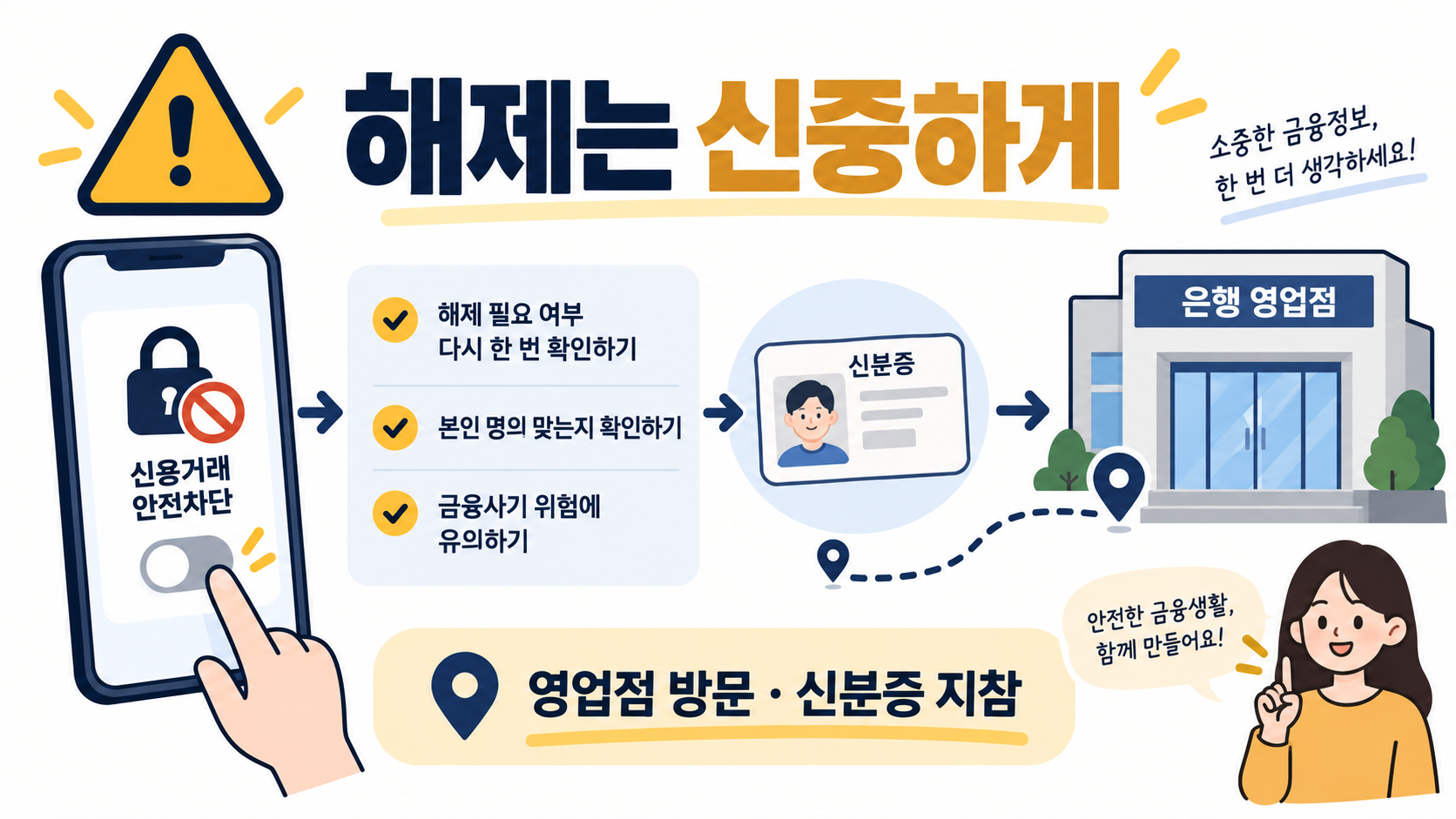 여신거래 안심차단 해제 시 영업점 방문과 신분증 지참을 안내하는 정보카드