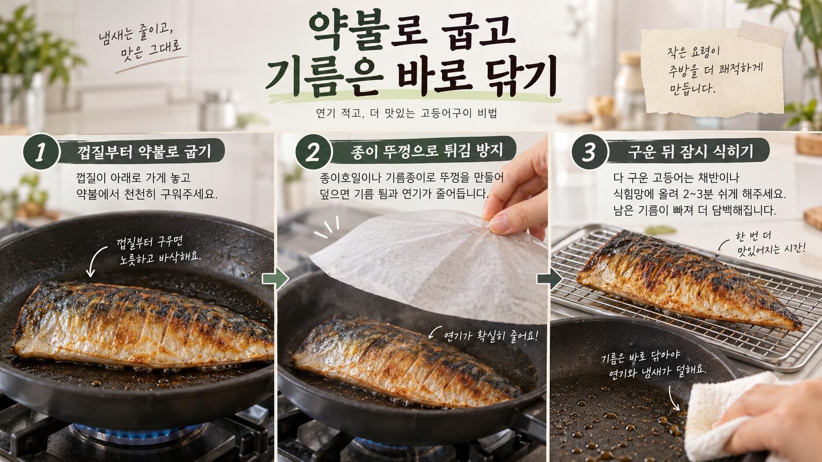 약불로 고등어를 굽고 기름을 닦는 조리 정보카드