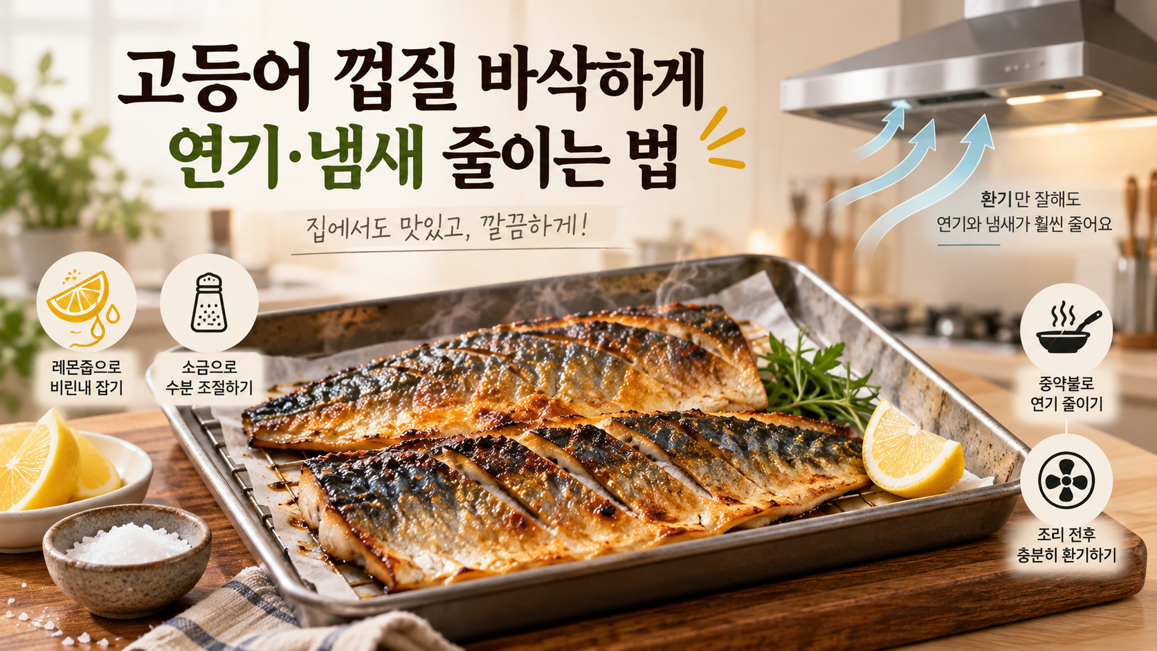 고등어 껍질을 바삭하게 굽고 연기와 냄새를 줄이는 방법 정보카드