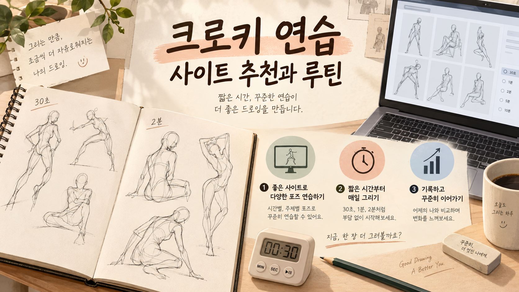 크로키 연습과 사이트 추천을 소개하는 한국형 정보카드