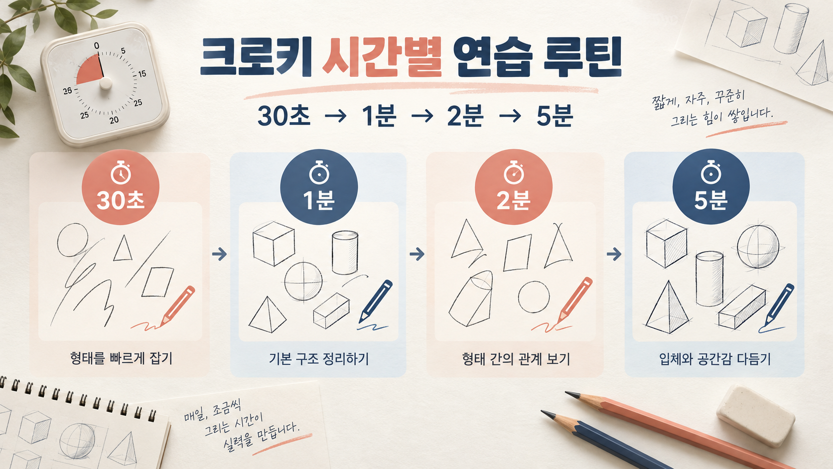 30초부터 5분까지의 크로키 시간별 연습 루틴 정보카드