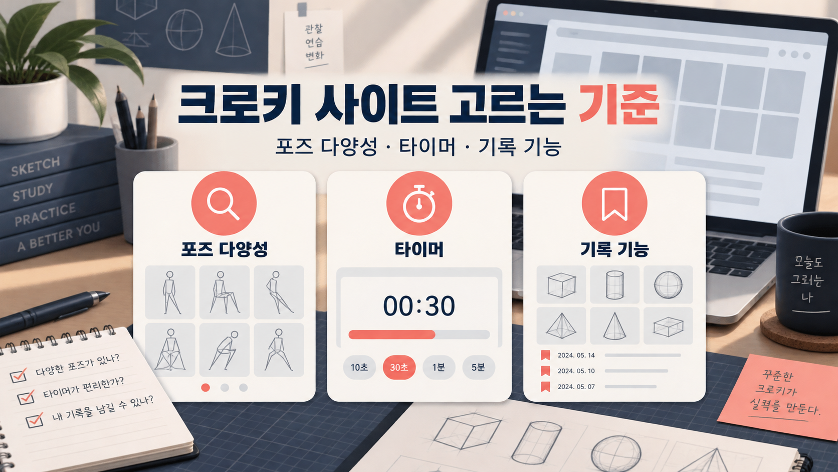 포즈 다양성 타이머 기록 기능으로 크로키 사이트를 고르는 정보카드