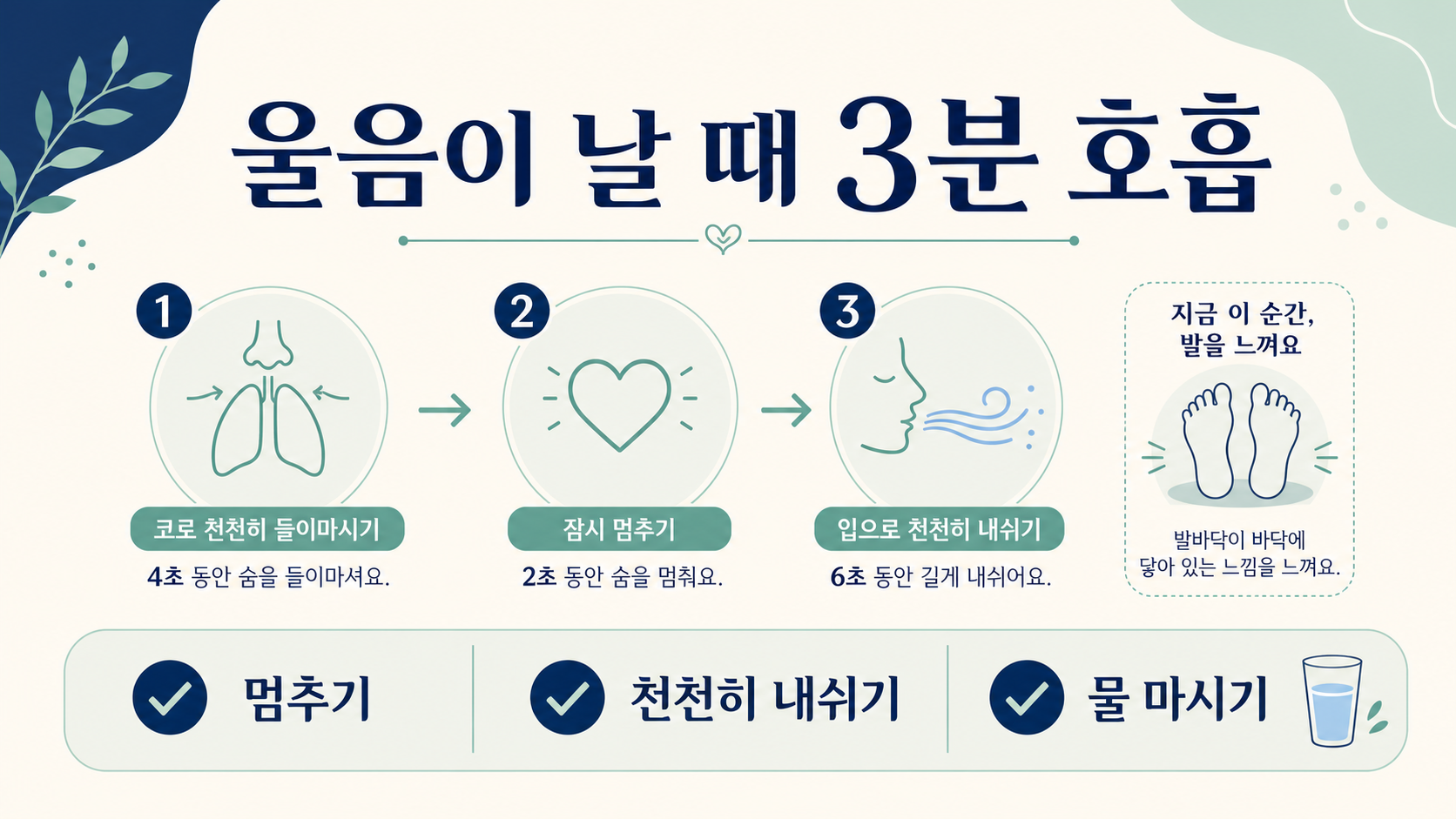 울음이 날 때 천천히 호흡하는 방법을 보여 주는 정보 카드