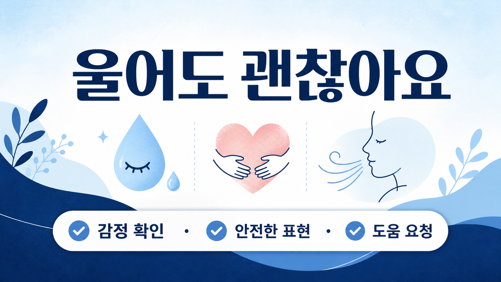 울어도 괜찮다는 메시지와 감정 돌보기 체크 항목을 담은 정보 카드