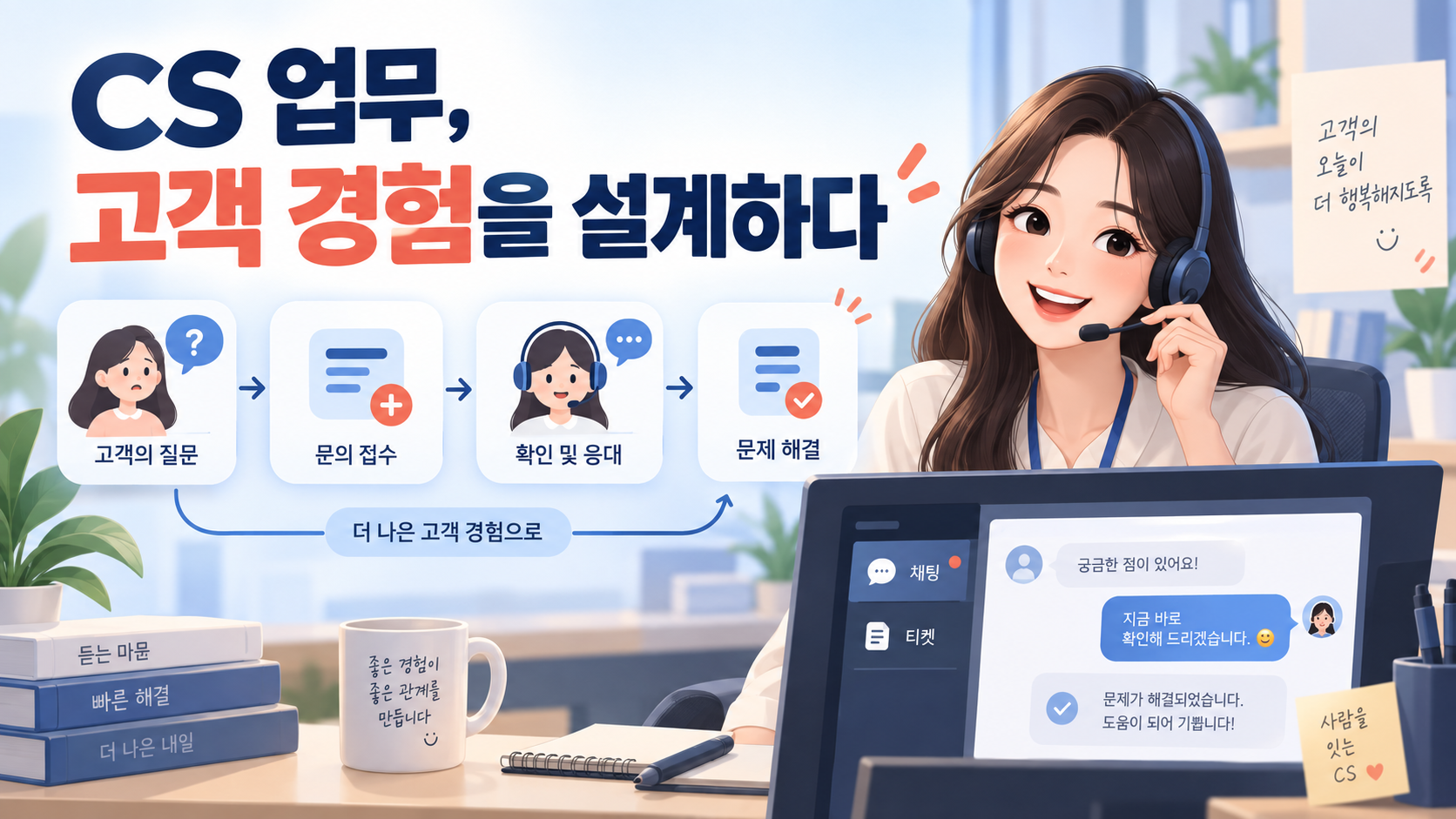 헤드셋을 쓴 상담사와 고객 문의 해결 흐름을 보여 주는 CS 정보카드