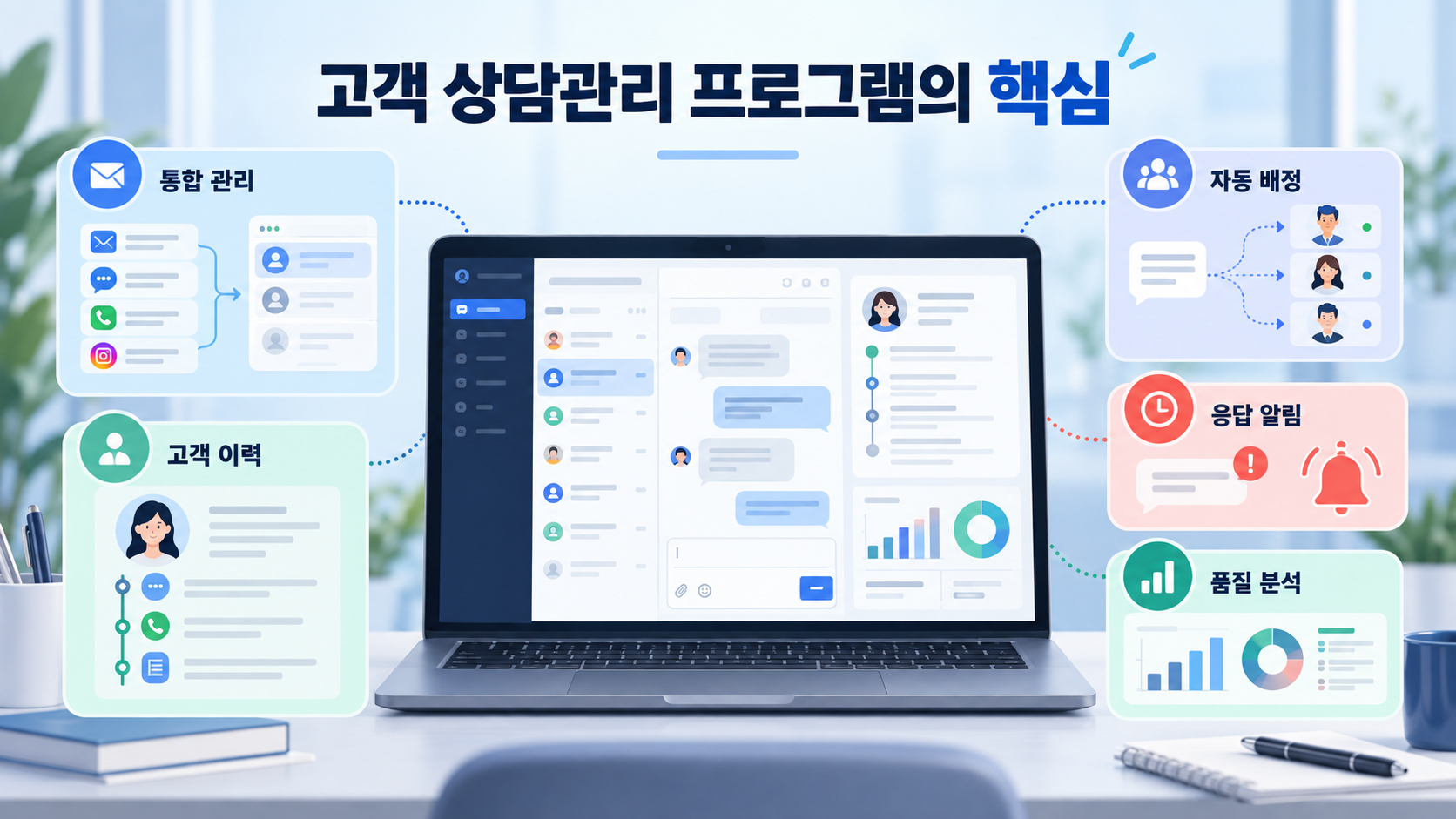 고객 상담관리 프로그램의 주요 기능을 보여 주는 대시보드 정보카드