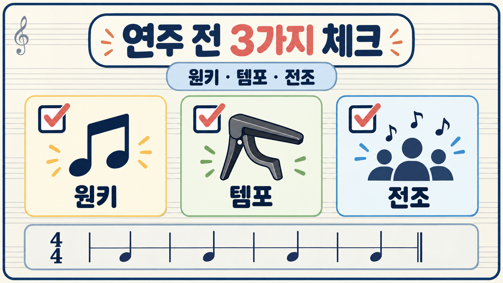 느린 찬양 연주 전 원키 템포 전조를 확인하는 체크리스트 카드