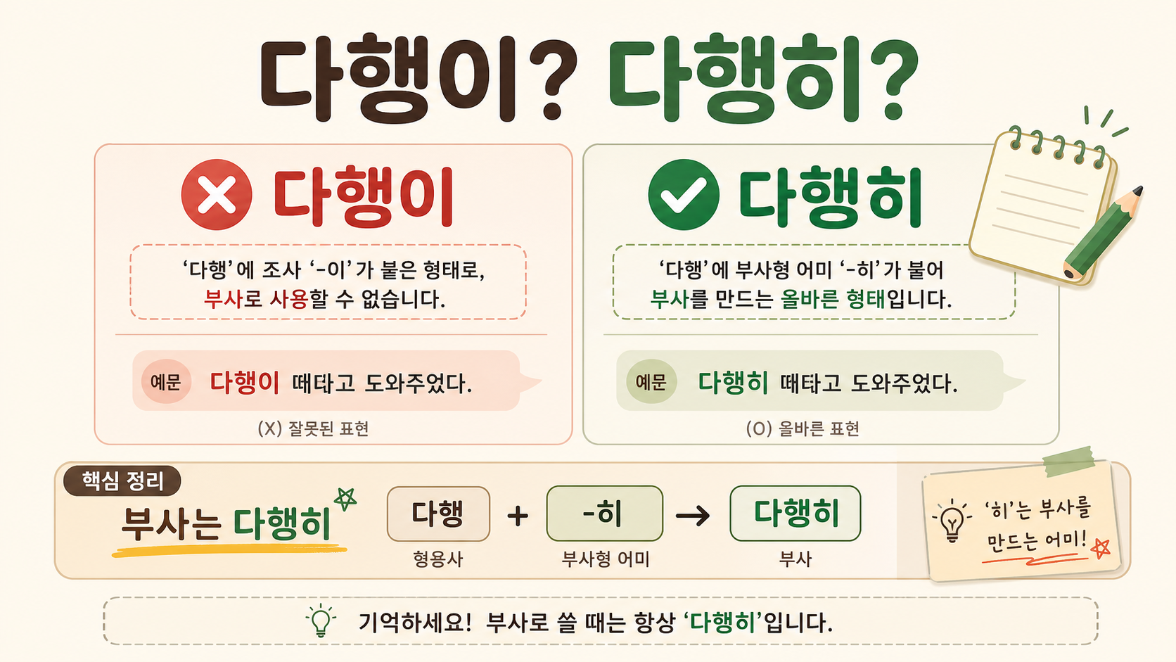 다행이와 다행히의 올바른 표기를 비교한 한국어 정보 카드